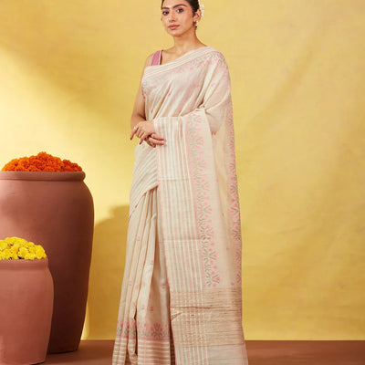 Taupe Handloom Tussar Silk Saree Embroidered With Floral Motifs