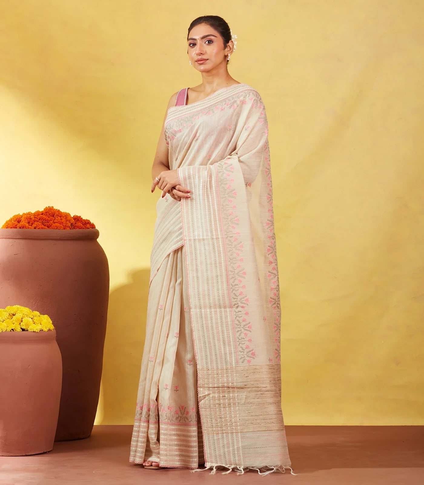 Taupe Handloom Tussar Silk Saree Embroidered With Floral Motifs