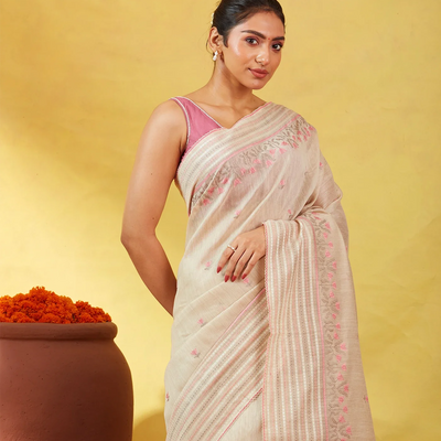 Taupe Handloom Tussar Silk Saree Embroidered With Floral Motifs
