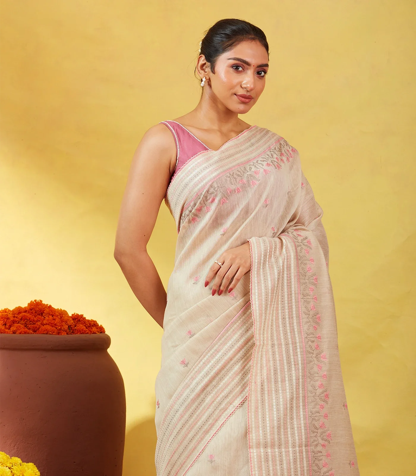 Taupe Handloom Tussar Silk Saree Embroidered With Floral Motifs