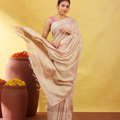 Taupe Handloom Tussar Silk Saree Embroidered With Floral Motifs
