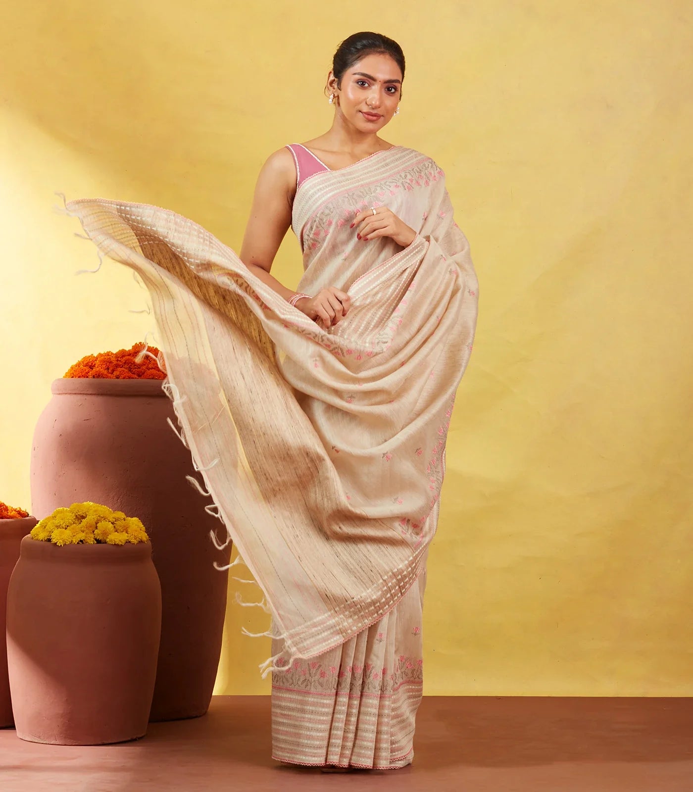 Taupe Handloom Tussar Silk Saree Embroidered With Floral Motifs