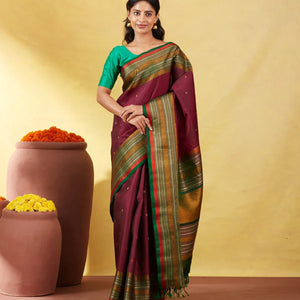 Maroon Kanchipuram Silk Saree With Silk Thread Buttas