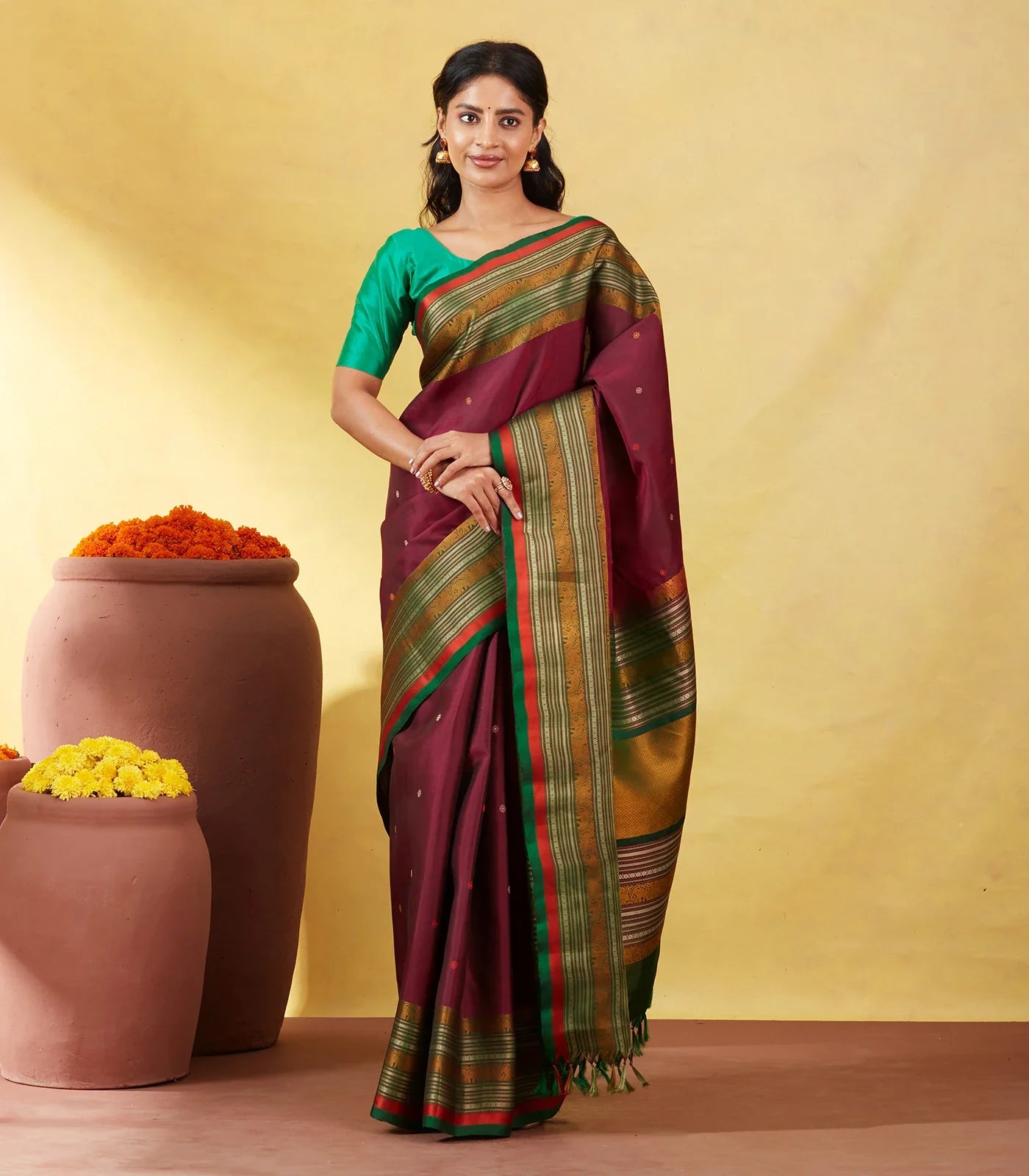 Maroon Kanchipuram Silk Saree With Silk Thread Buttas