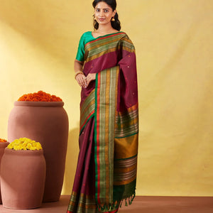 Maroon Kanchipuram Silk Saree With Silk Thread Buttas