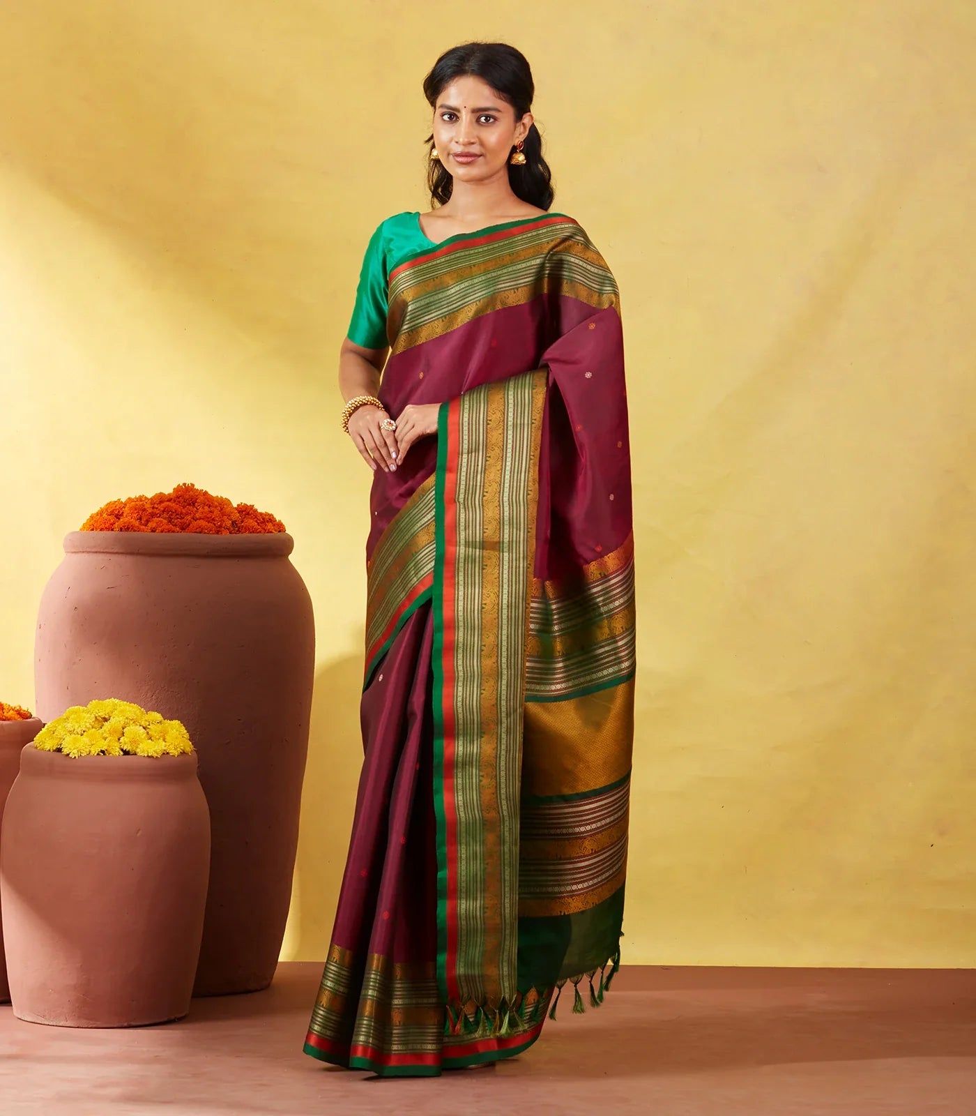Maroon Kanchipuram Silk Saree With Silk Thread Buttas