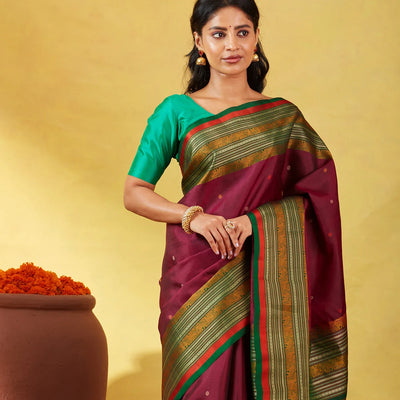 Maroon Kanchipuram Silk Saree With Silk Thread Buttas