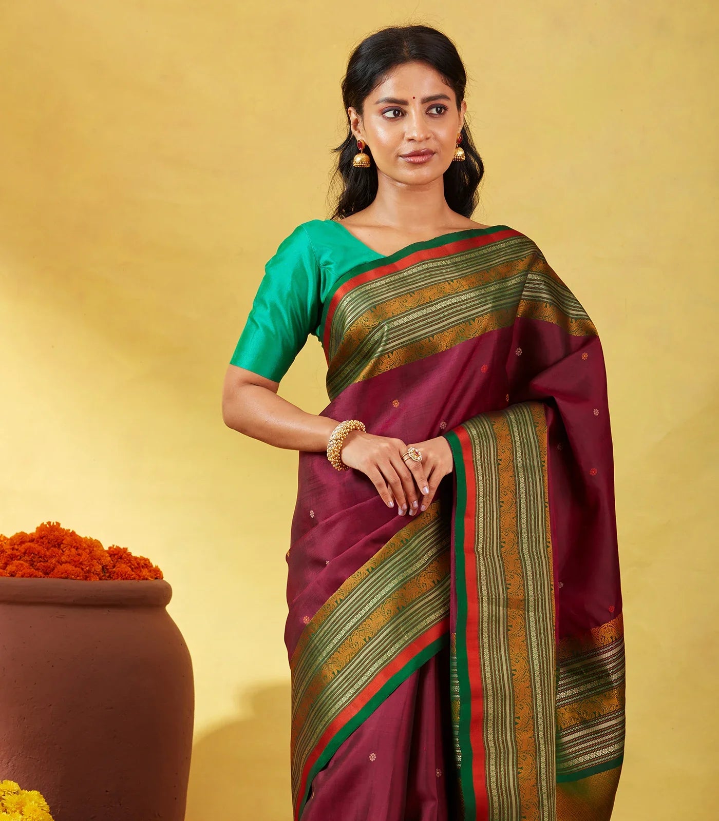 Maroon Kanchipuram Silk Saree With Silk Thread Buttas