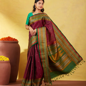 Maroon Kanchipuram Silk Saree With Silk Thread Buttas