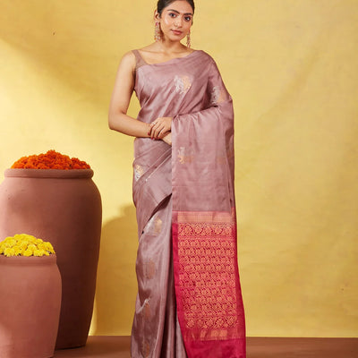 Dusty Pink Soft Silk Saree With Floral Zari Buttas