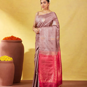 Dusty Pink Soft Silk Saree With Floral Zari Buttas