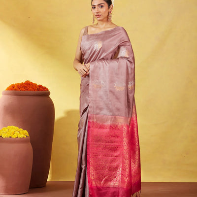 Dusty Pink Soft Silk Saree With Floral Zari Buttas