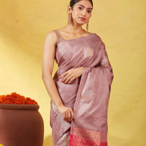 Dusty Pink Soft Silk Saree With Floral Zari Buttas