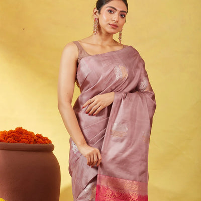 Dusty Pink Soft Silk Saree With Floral Zari Buttas
