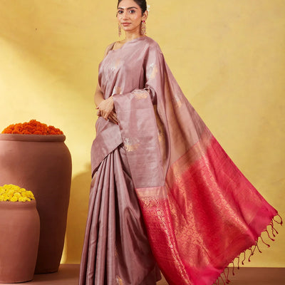 Dusty Pink Soft Silk Saree With Floral Zari Buttas