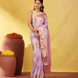 Lavender Mysore Crepe Silk Saree With Floral Buttas & Checks