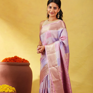 Lavender Mysore Crepe Silk Saree With Floral Buttas & Checks