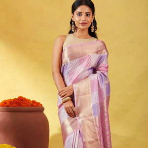 Lavender Mysore Crepe Silk Saree With Floral Buttas & Checks