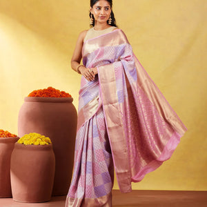 Lavender Mysore Crepe Silk Saree With Floral Buttas & Checks