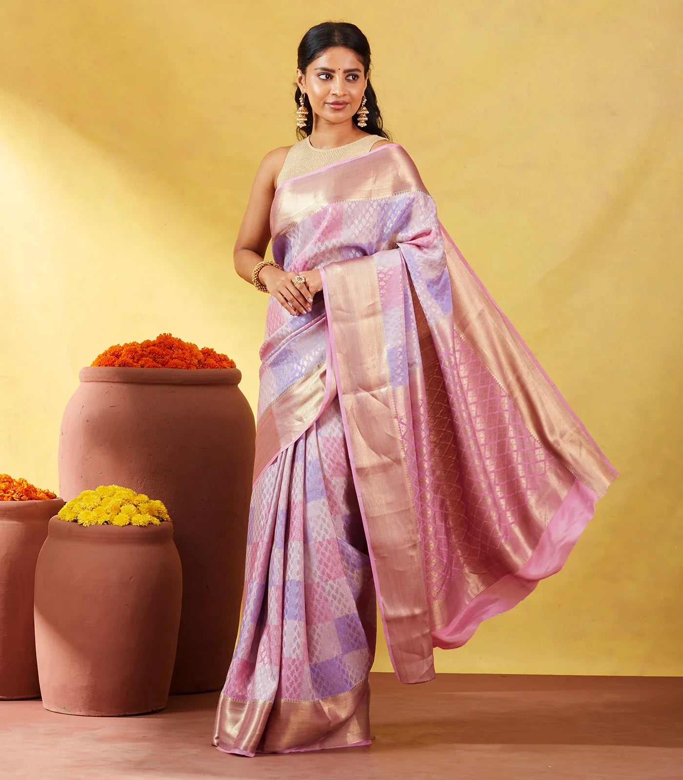 Lavender Mysore Crepe Silk Saree With Floral Buttas & Checks