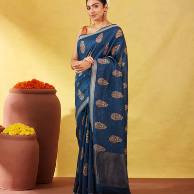 Navy Blue Handloom Tussar Silk Saree Printed With Floral Motifs