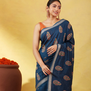 Navy Blue Handloom Tussar Silk Saree Printed With Floral Motifs