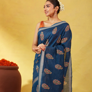 Navy Blue Handloom Tussar Silk Saree Printed With Floral Motifs