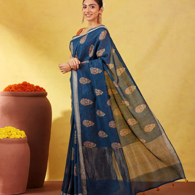 Navy Blue Handloom Tussar Silk Saree Printed With Floral Motifs