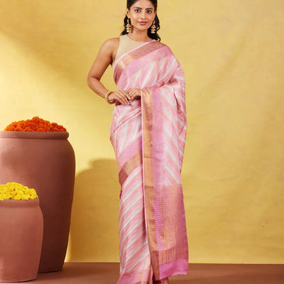 Bubble-gum Pink Mysore Crepe Silk Saree With Diagonal Stripes