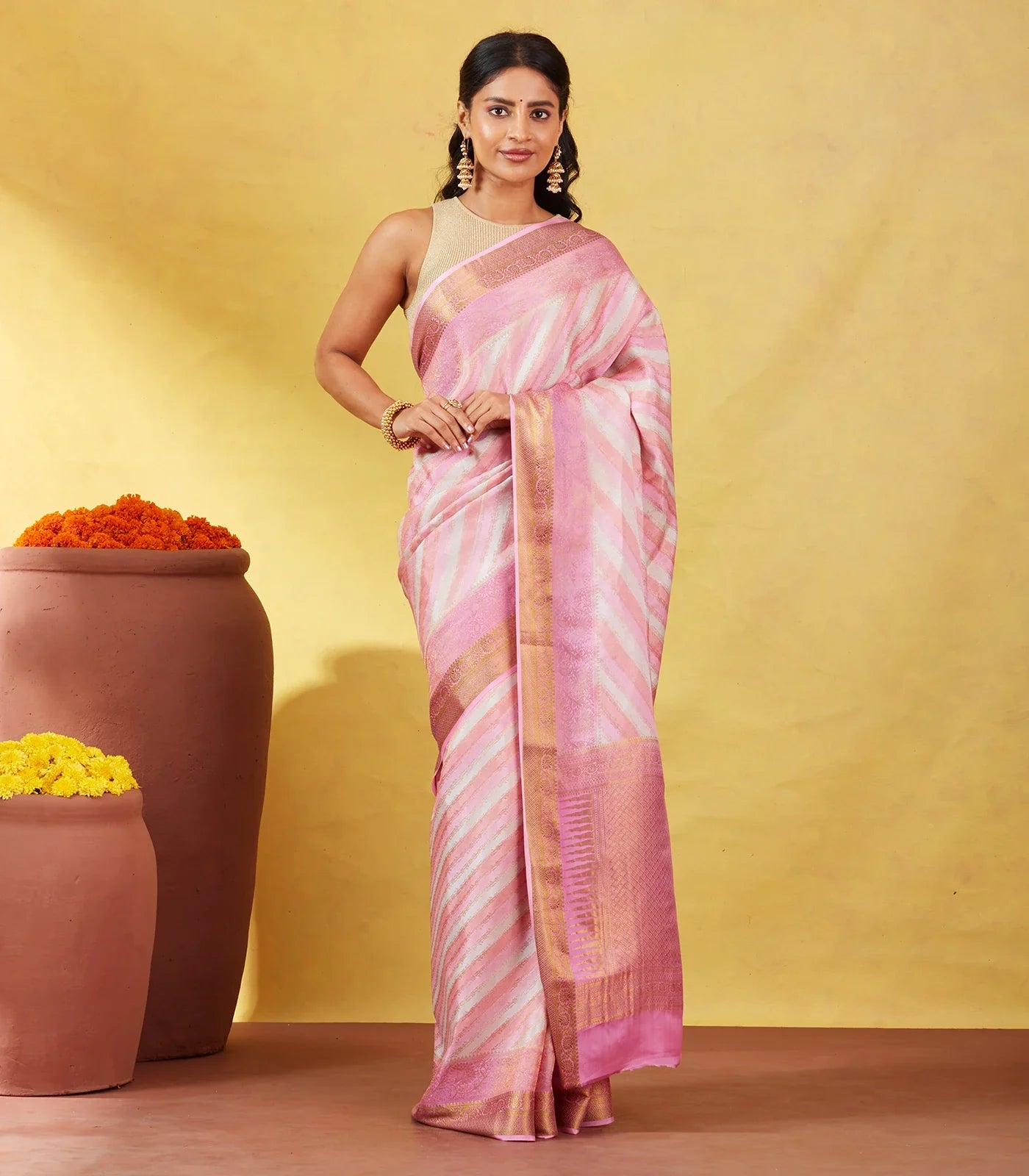 Bubble-gum Pink Mysore Crepe Silk Saree With Diagonal Stripes