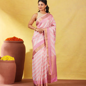 Bubble-gum Pink Mysore Crepe Silk Saree With Diagonal Stripes