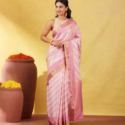 Bubble-gum Pink Mysore Crepe Silk Saree With Diagonal Stripes