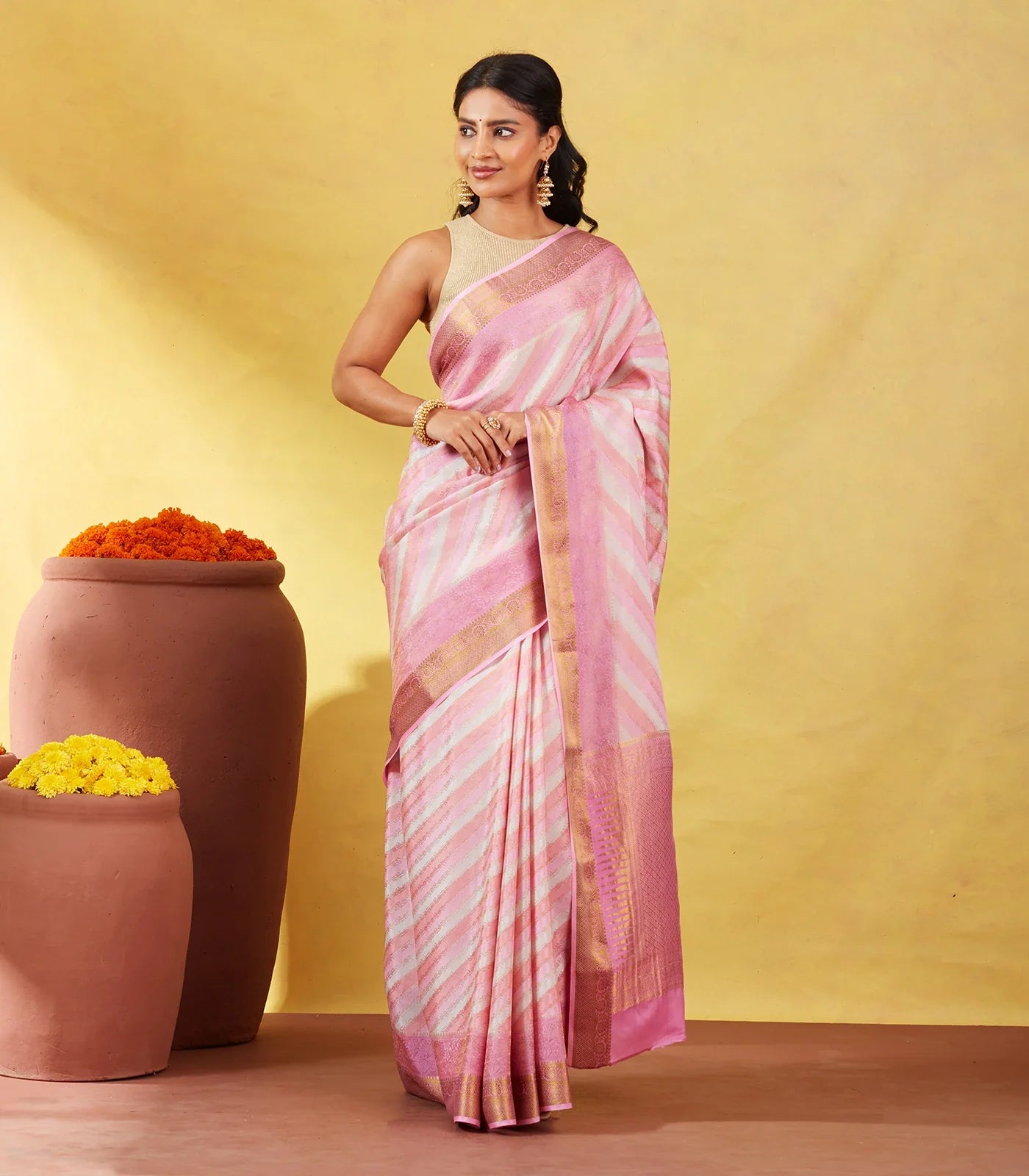 Bubble-gum Pink Mysore Crepe Silk Saree With Diagonal Stripes