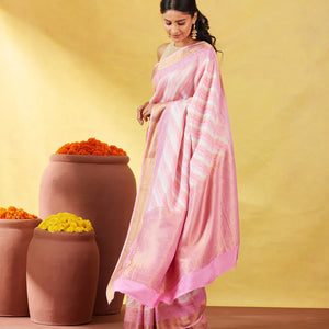 Bubble-gum Pink Mysore Crepe Silk Saree With Diagonal Stripes