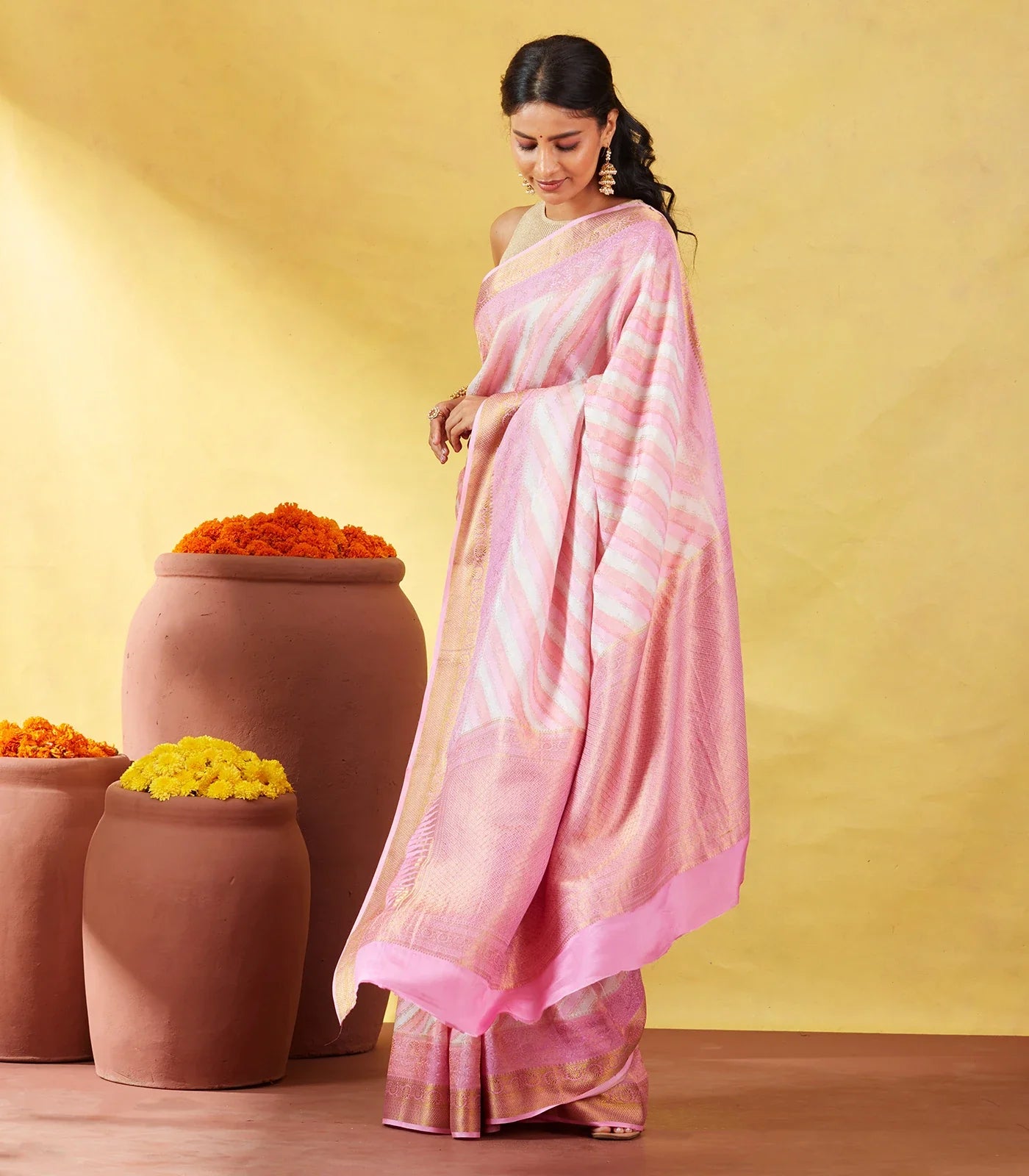 Bubble-gum Pink Mysore Crepe Silk Saree With Diagonal Stripes