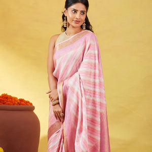 Bubble-gum Pink Mysore Crepe Silk Saree With Diagonal Stripes