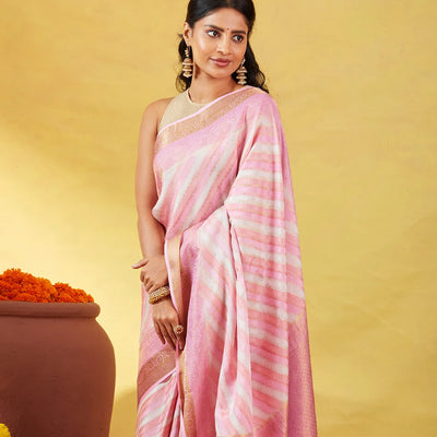 Bubble-gum Pink Mysore Crepe Silk Saree With Diagonal Stripes