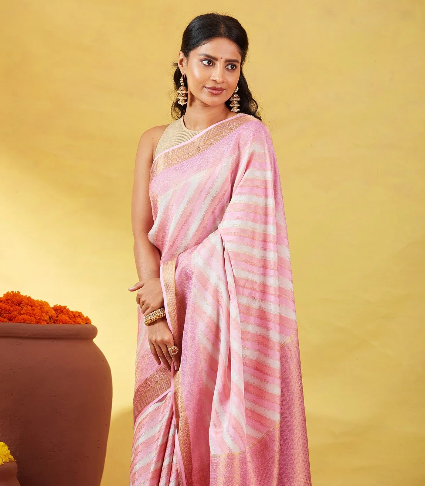 Bubble-gum Pink Mysore Crepe Silk Saree With Diagonal Stripes