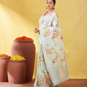 Turquoise Handloom Linen Saree With Printed Floral Motifs & Stripes