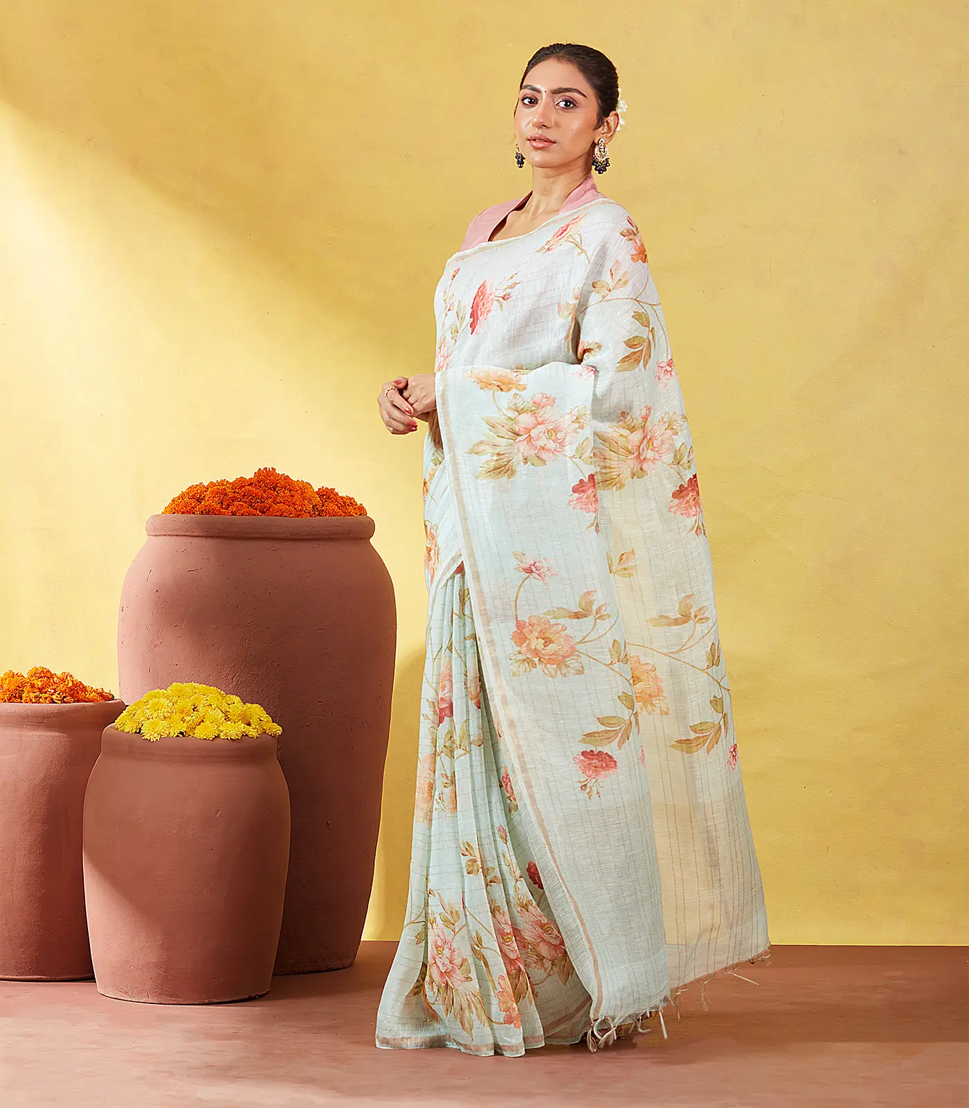 Turquoise Handloom Linen Saree With Printed Floral Motifs & Stripes