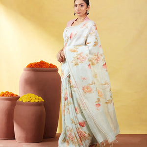 Turquoise Handloom Linen Saree With Printed Floral Motifs & Stripes