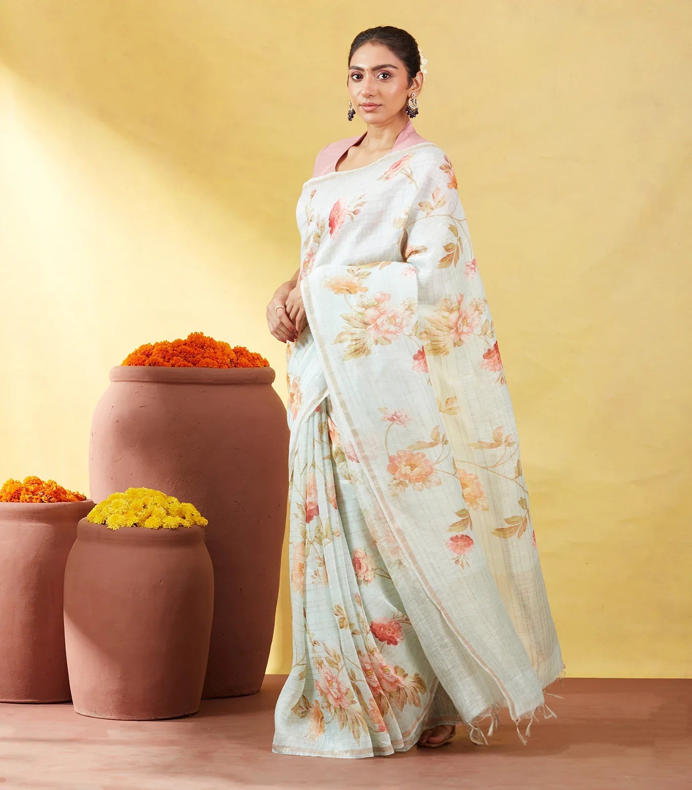 Turquoise Handloom Linen Saree With Printed Floral Motifs & Stripes