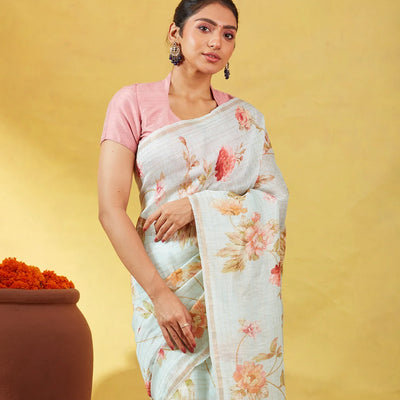 Turquoise Handloom Linen Saree With Printed Floral Motifs & Stripes
