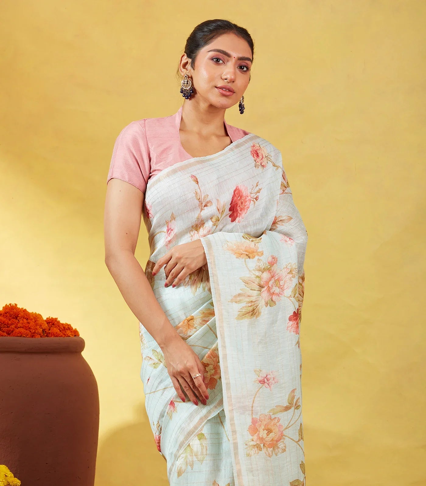 Turquoise Handloom Linen Saree With Printed Floral Motifs & Stripes