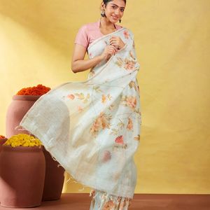 Turquoise Handloom Linen Saree With Printed Floral Motifs & Stripes