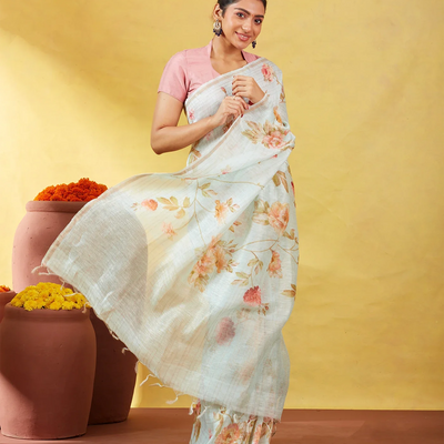 Turquoise Handloom Linen Saree With Printed Floral Motifs & Stripes