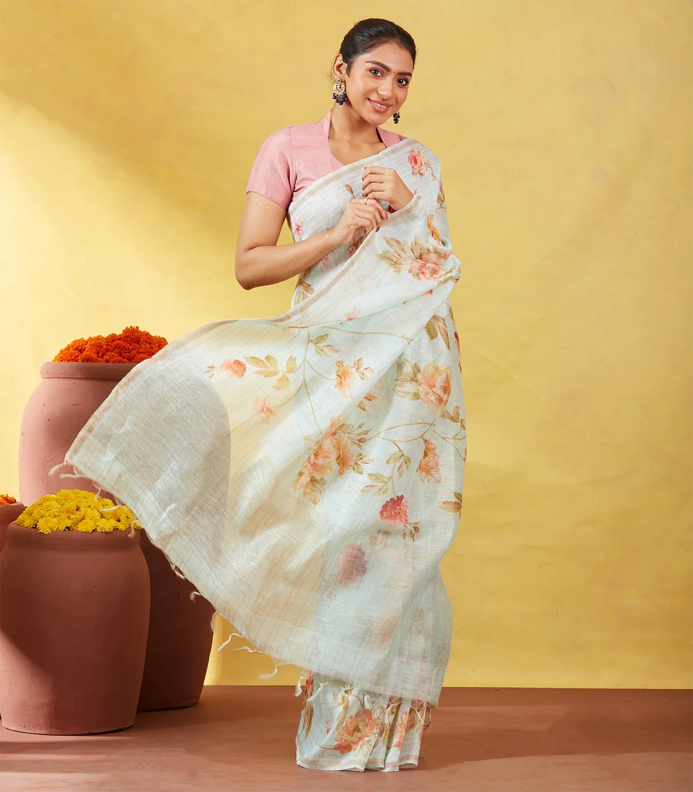 Turquoise Handloom Linen Saree With Printed Floral Motifs & Stripes