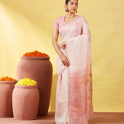 Baby Pink Handloom Tussar Linen Silk Saree With Chevron Motifs