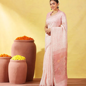Baby Pink Handloom Tussar Linen Silk Saree With Chevron Motifs