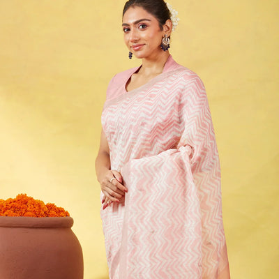 Baby Pink Handloom Tussar Linen Silk Saree With Chevron Motifs